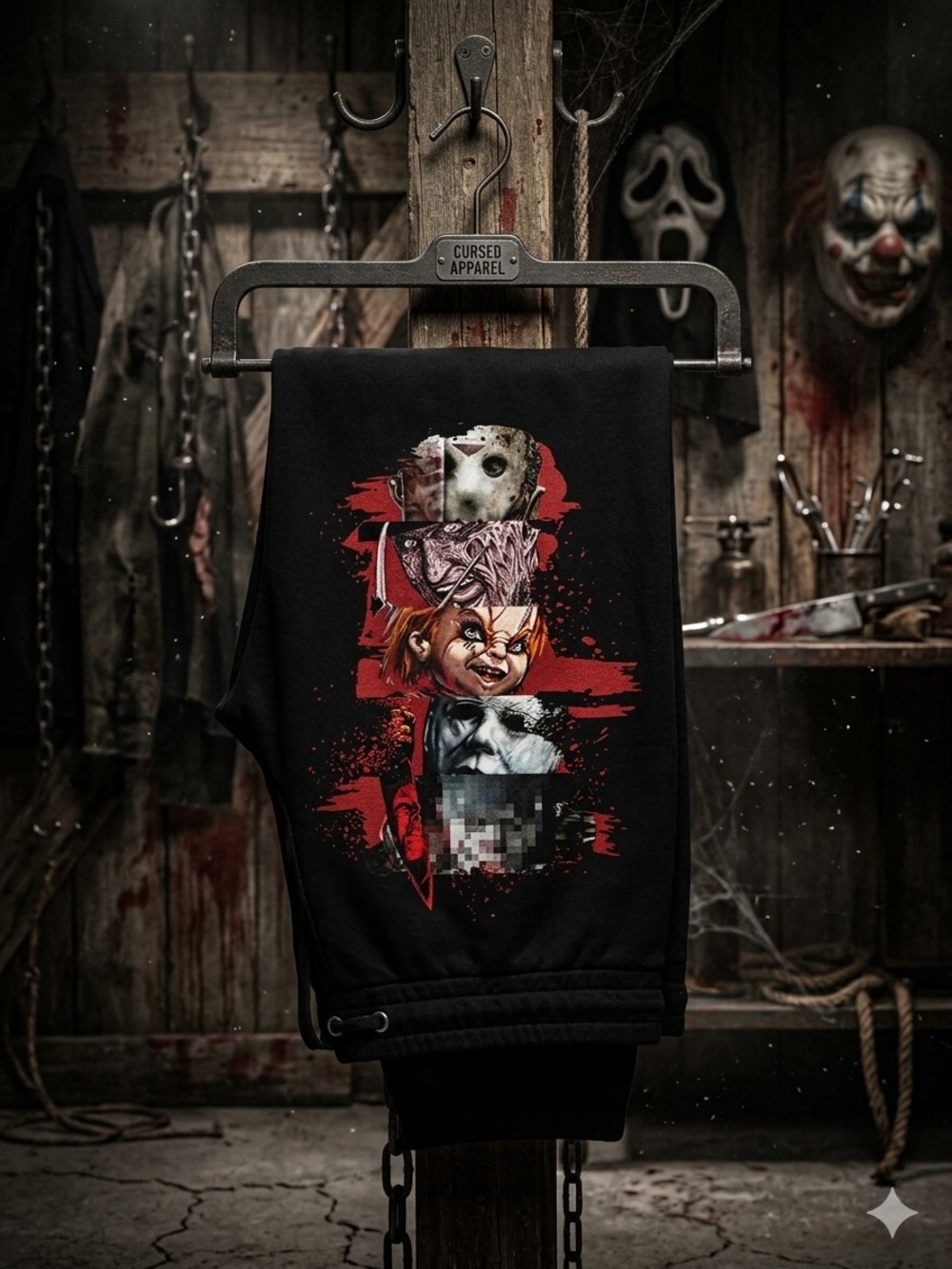 Handmade Womens Black Horror Graphic Sweatpants